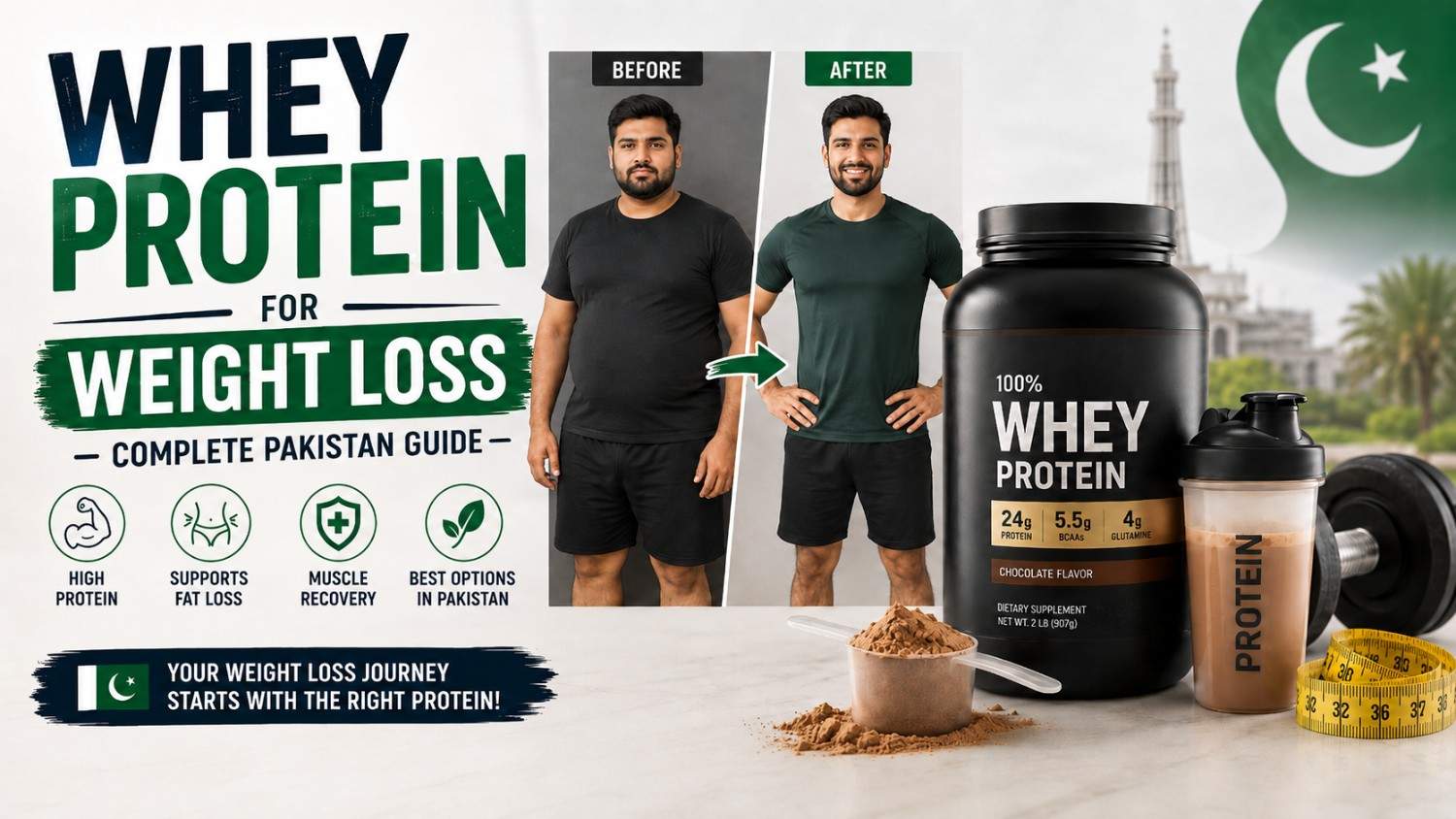 Whey protein for weight loss - fit person with protein shake showing results in Pakistan